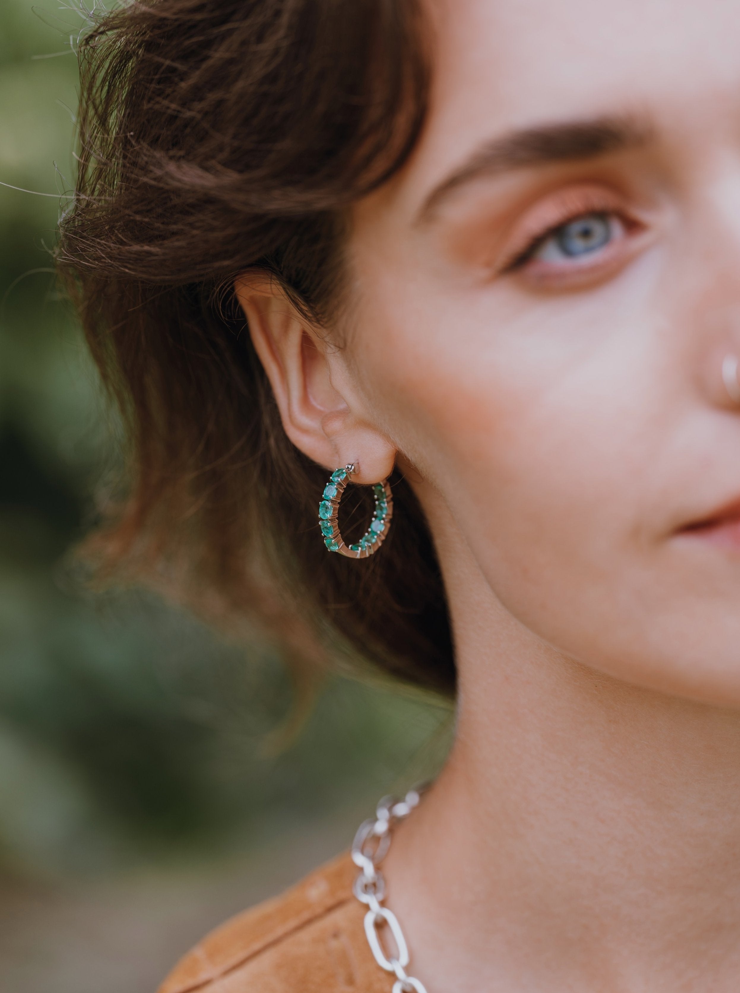 Emerald & Silver Hoops - 23mm