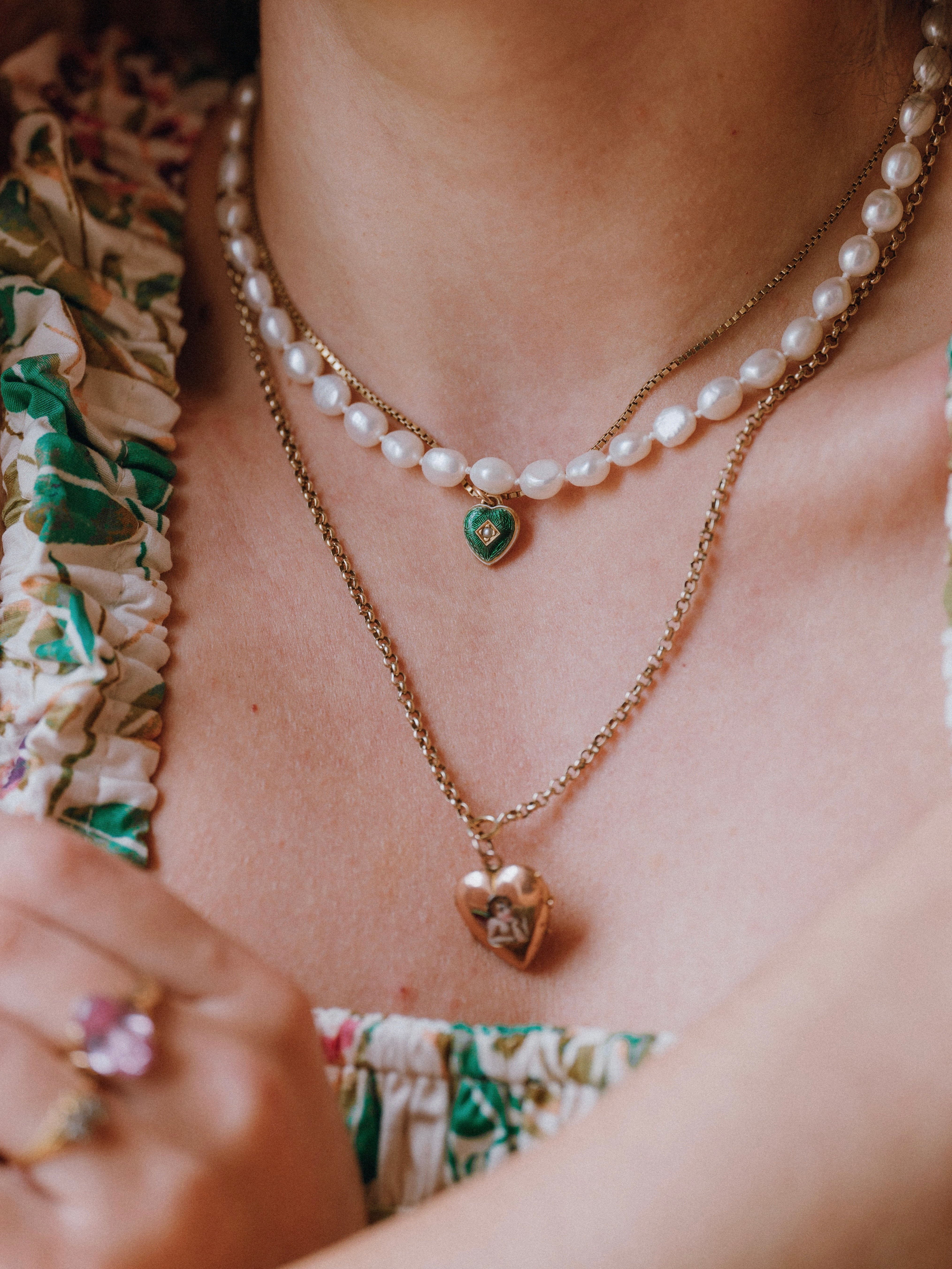 Green Guilloché & Pearl Heart Pendant