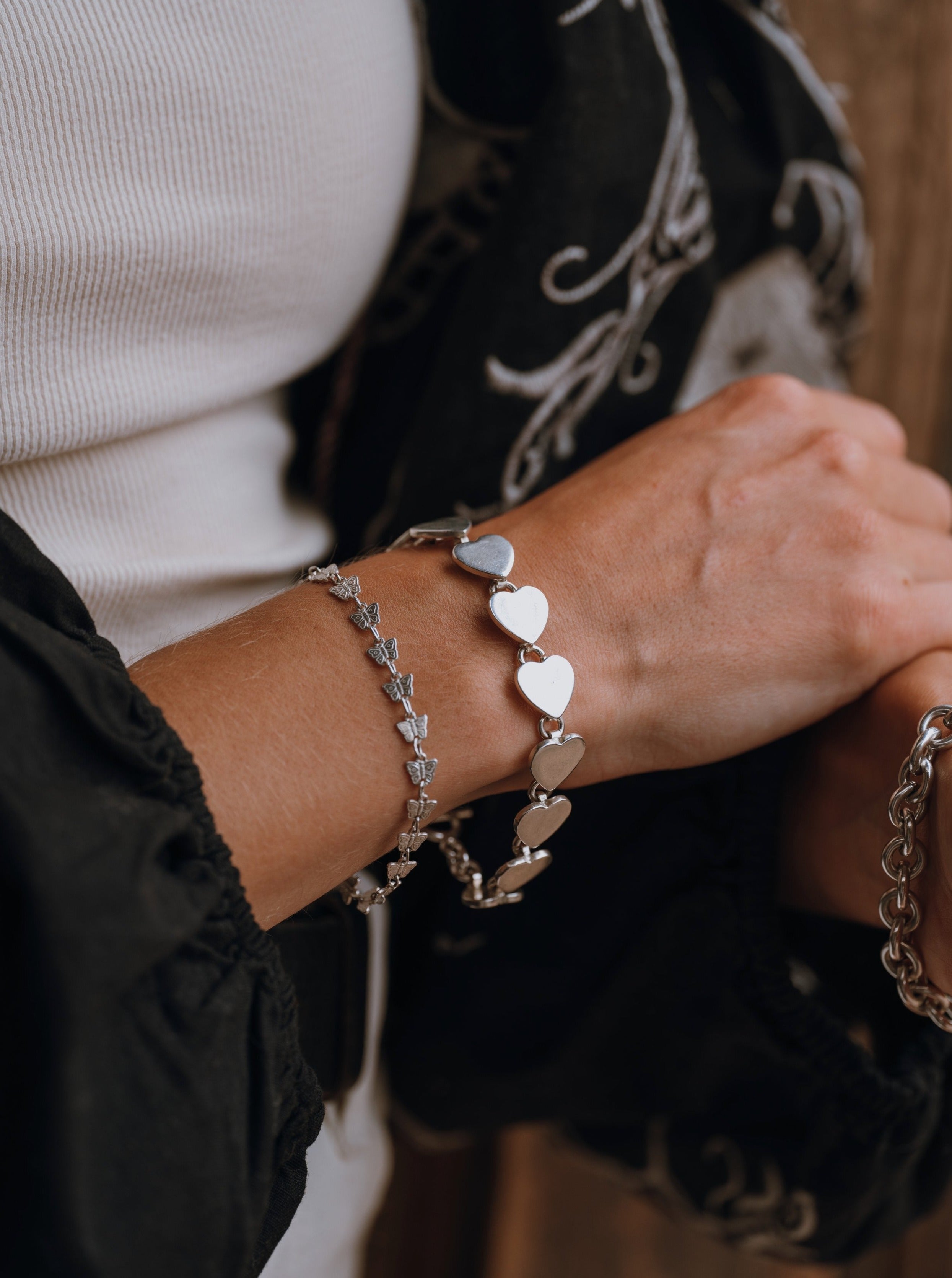Silver String of Hearts Bracelet