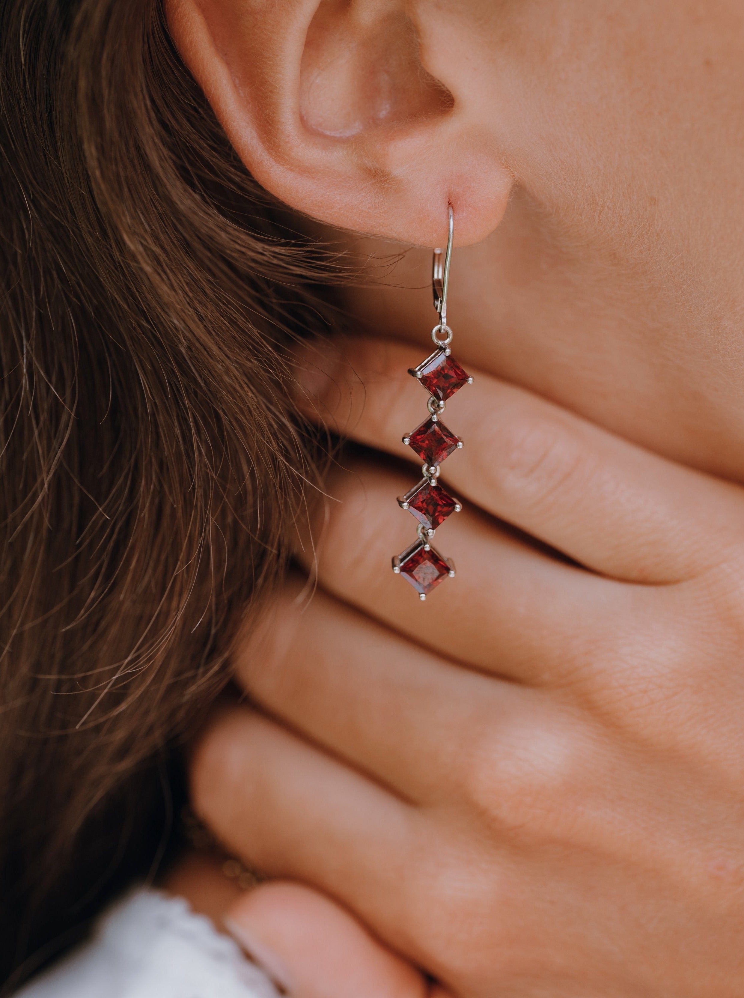 White Gold & Garnet Earrings