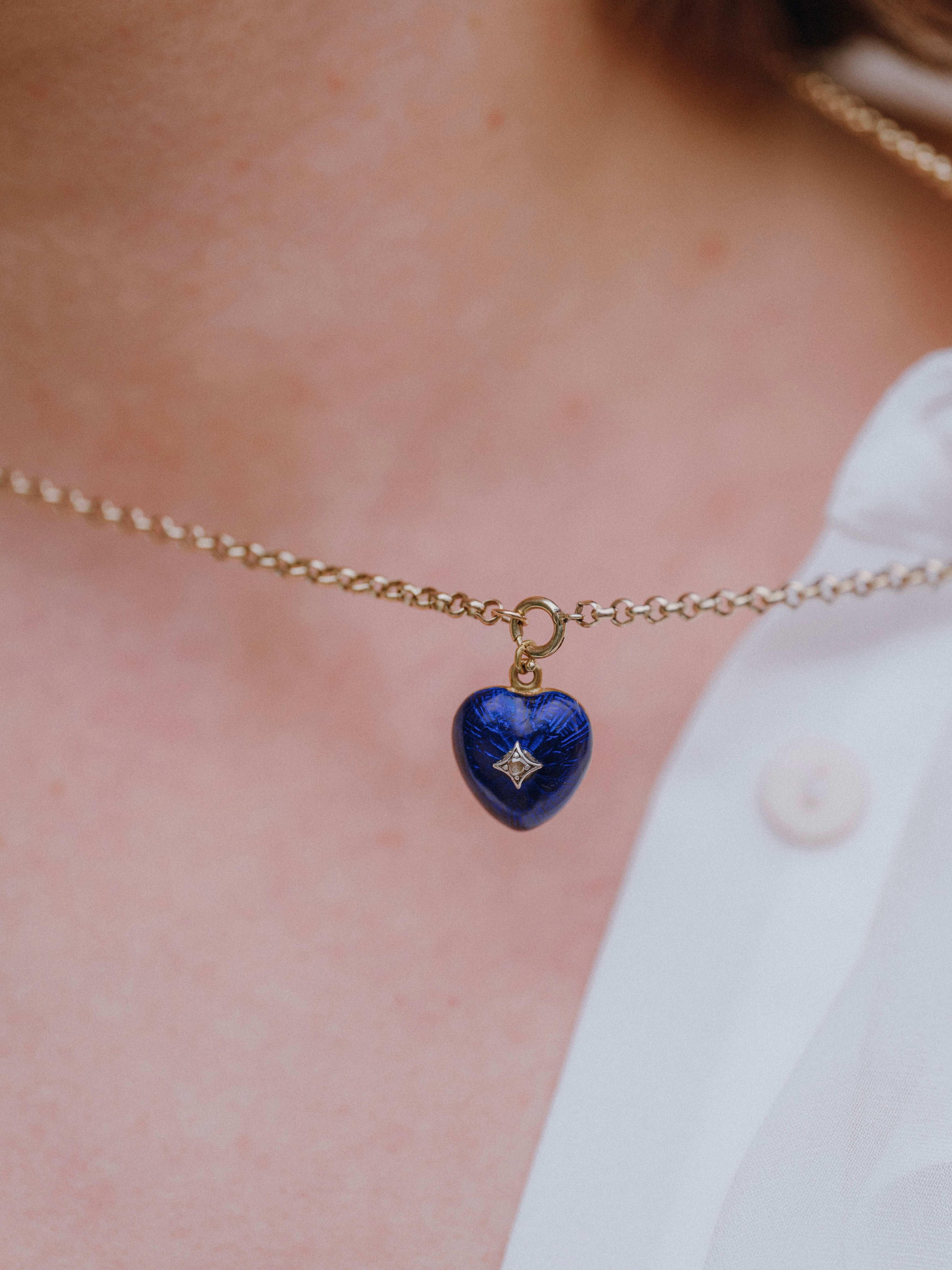 Blue Guilloché & Diamond Heart Locket