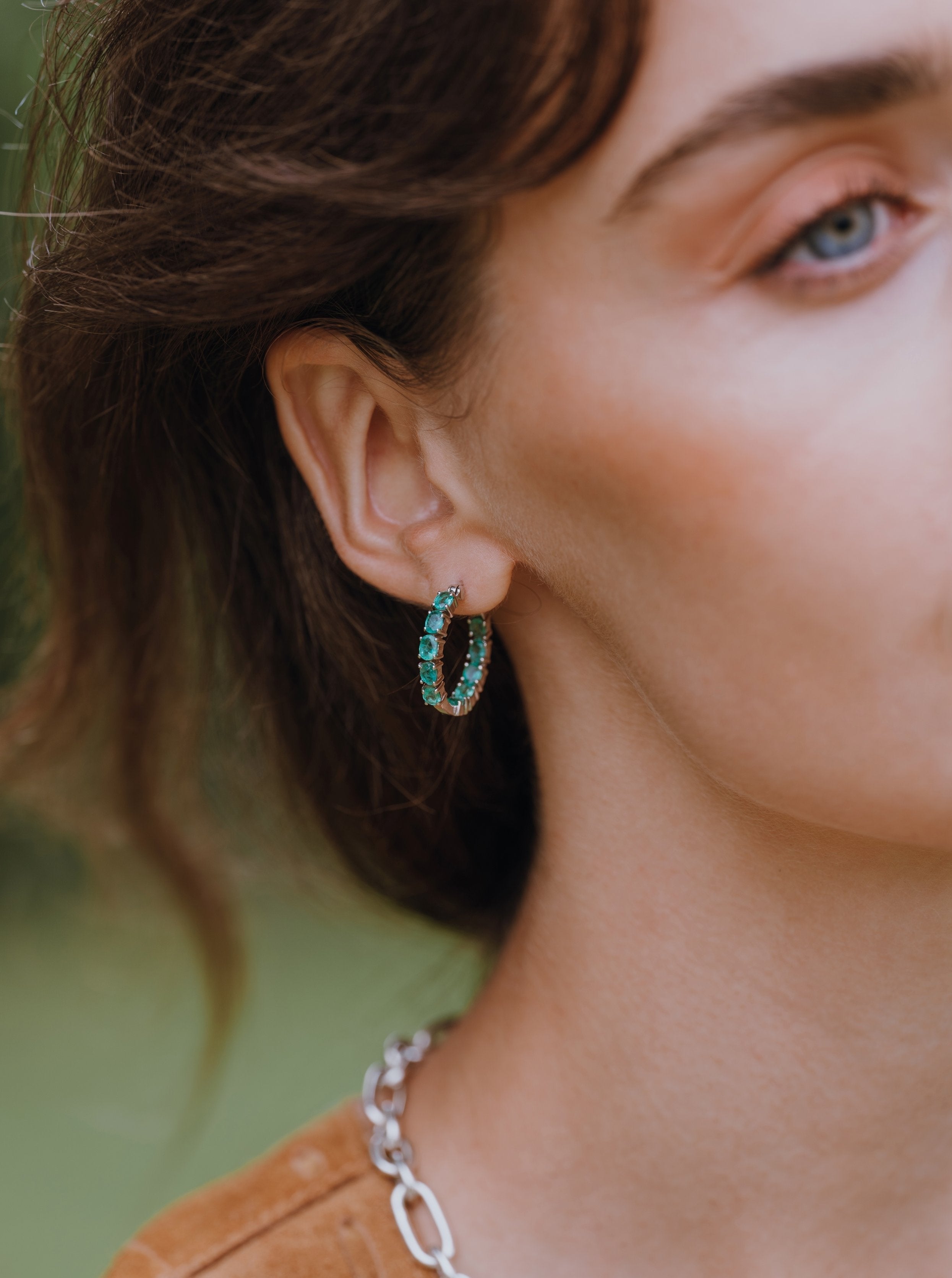 Emerald & Silver Hoops - 23mm