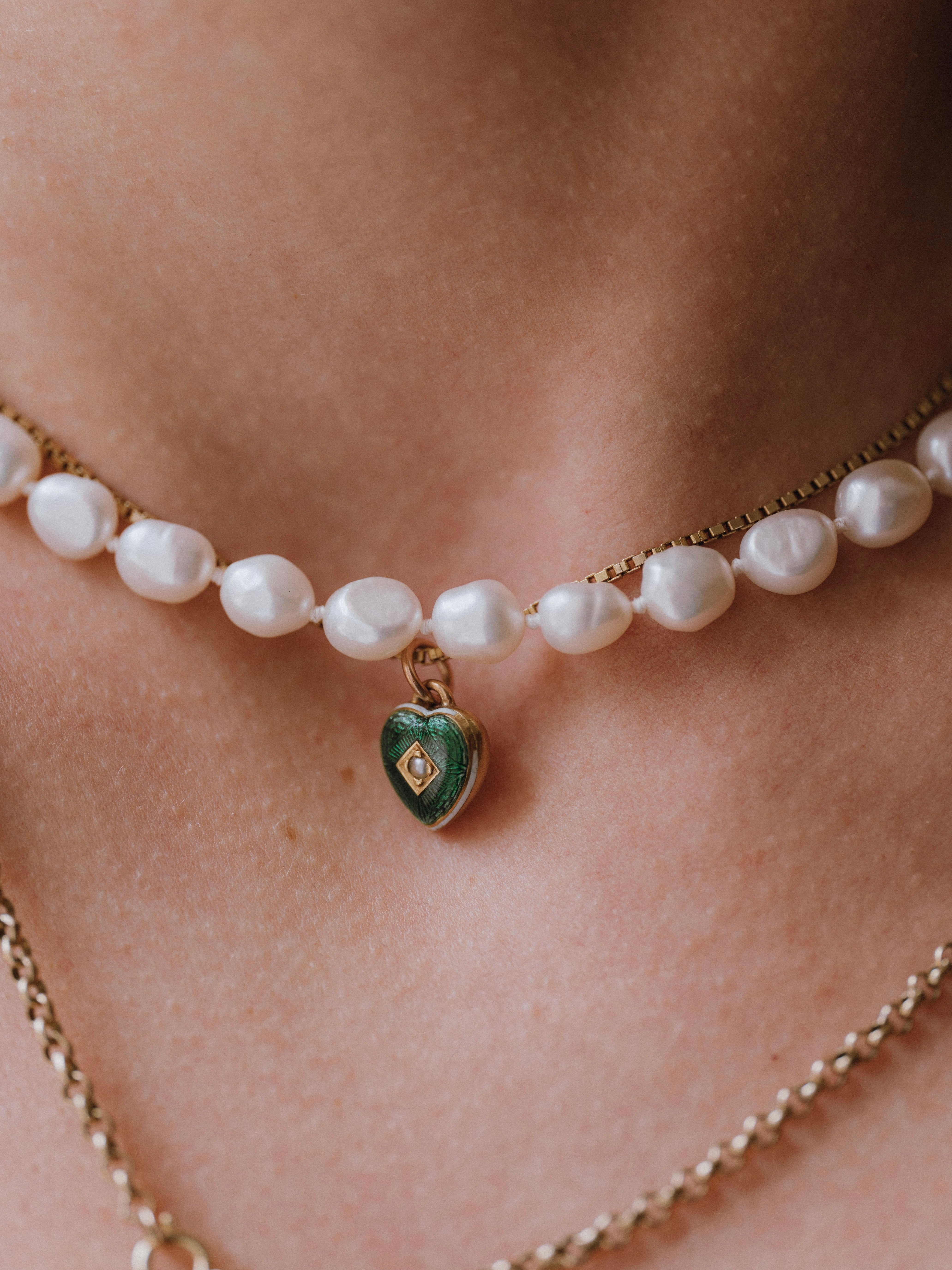 Green Guilloché & Pearl Heart Pendant