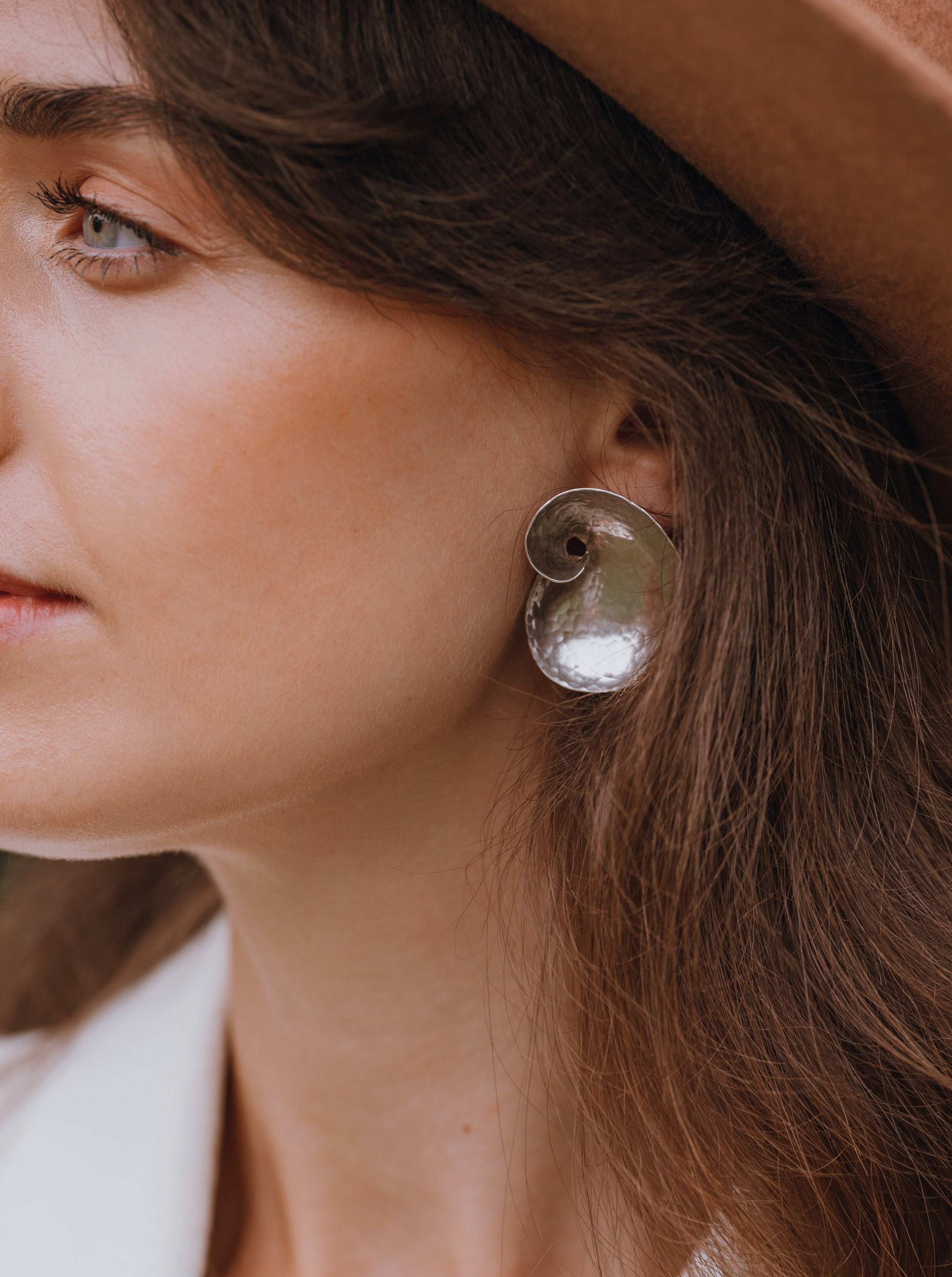 Hammered Silver Ammonite Earrings - 38mm