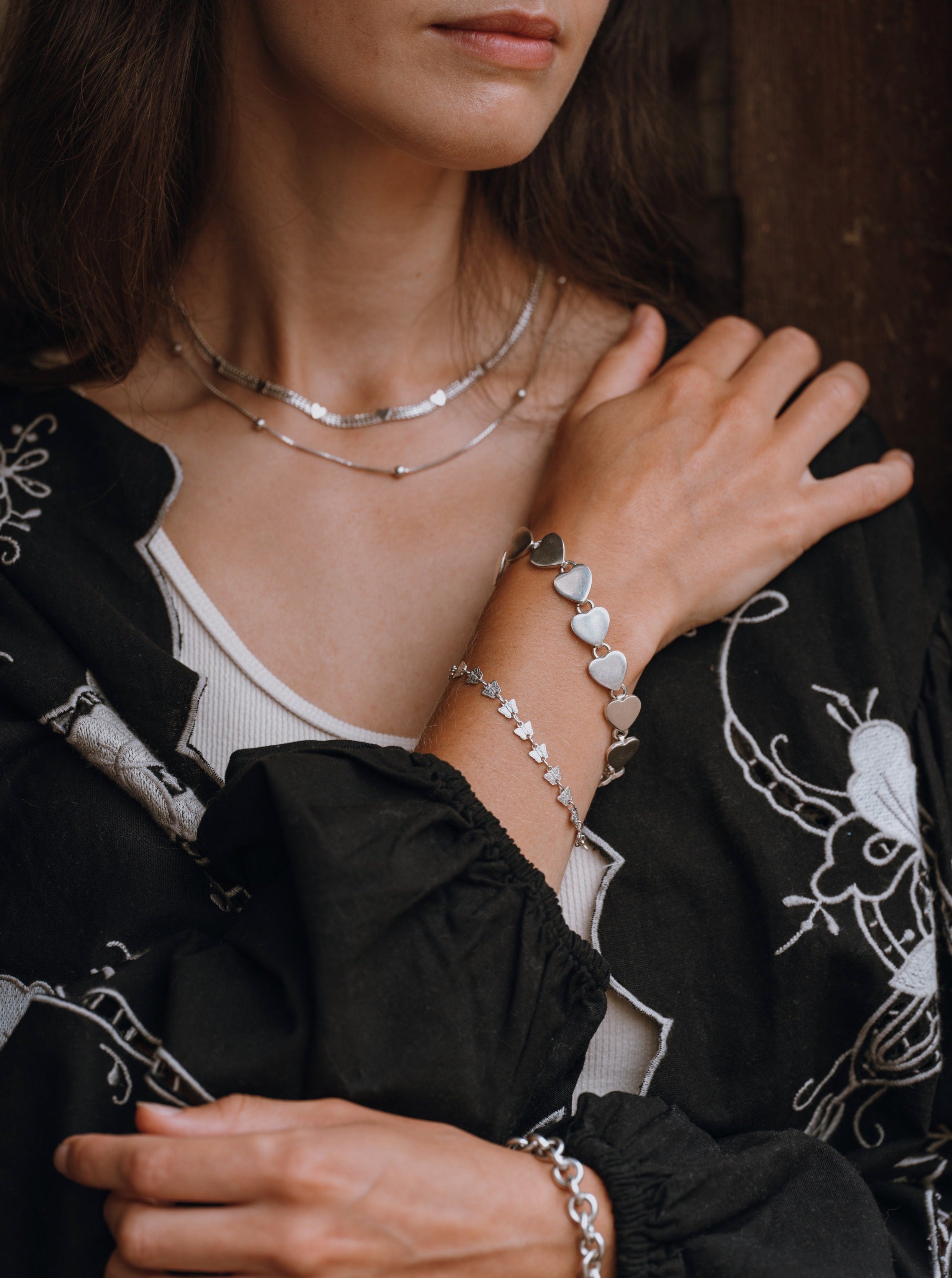 Silver String of Hearts Bracelet